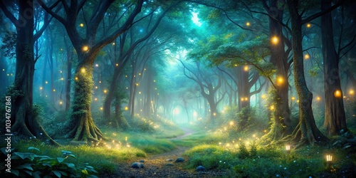 enchanted forest at night with glowing light