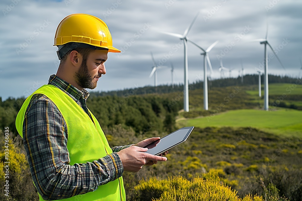 an engineer wearing a yellow helmet and green vest, working on a tablet : Generative AI an engineer wearing a yellow helmet and green vest, working on a tablet : Generative AI