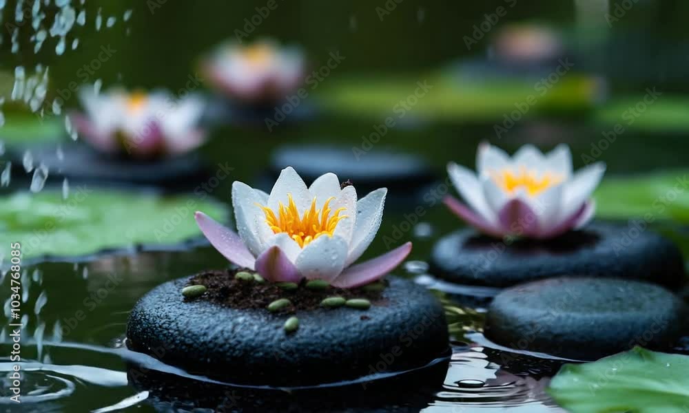 Serene water lilies bloom on smooth stones in a tranquil pond. Serene water lilies bloom on smooth stones in a tranquil pond.