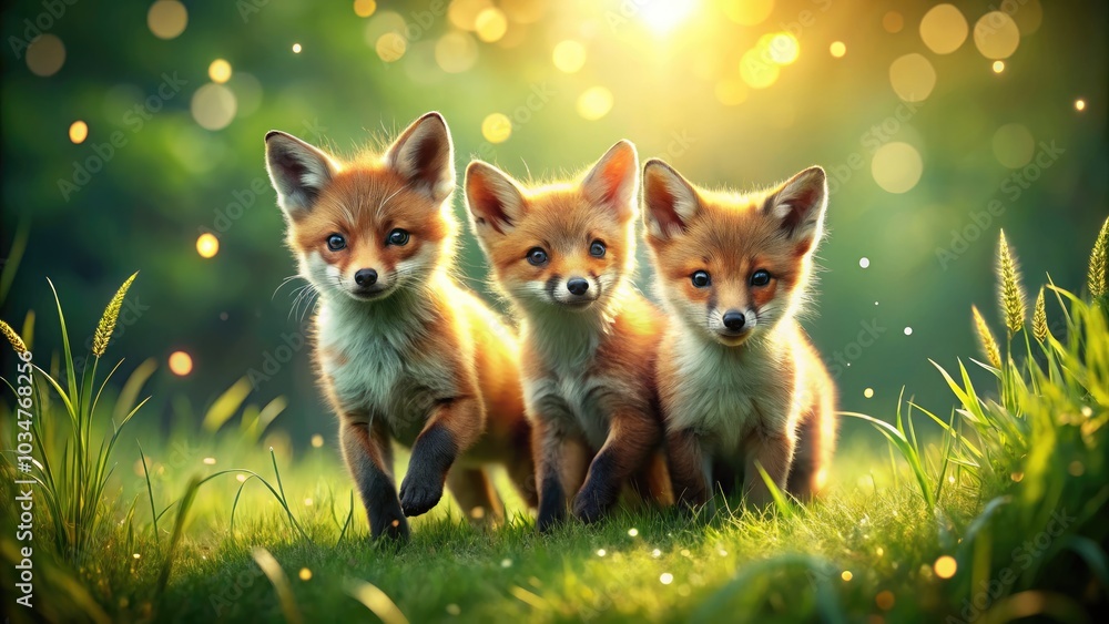 Three Playful Foxes in Lush Green Grass with Bokeh Effect - Cute Wildlife Photography, Nature Scene, Animal Family, Adorable Creatures, Natural Habitat, Forest Background, Vibrant Colors Three Playful Foxes in Lush Green Grass with Bokeh Effect - Cute Wildlife Photography, Nature Scene, Animal Family, Adorable Creatures, Natural Habitat, Forest Background, Vibrant Colors