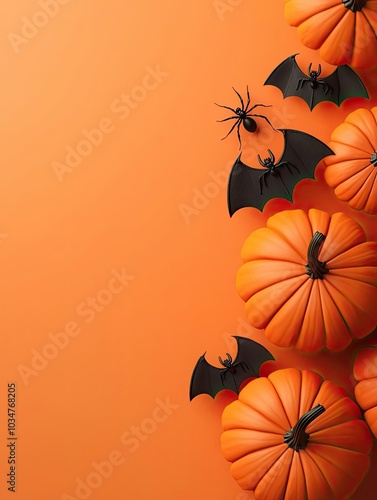 Festive Halloween pumpkins with black bats and spiders on a vibrant orange background. photo