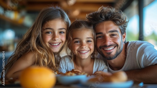 A joyful father and his two daughters gather around the breakfast table, sharing smiles and food in a warm, inviting kitchen filled with morning light.