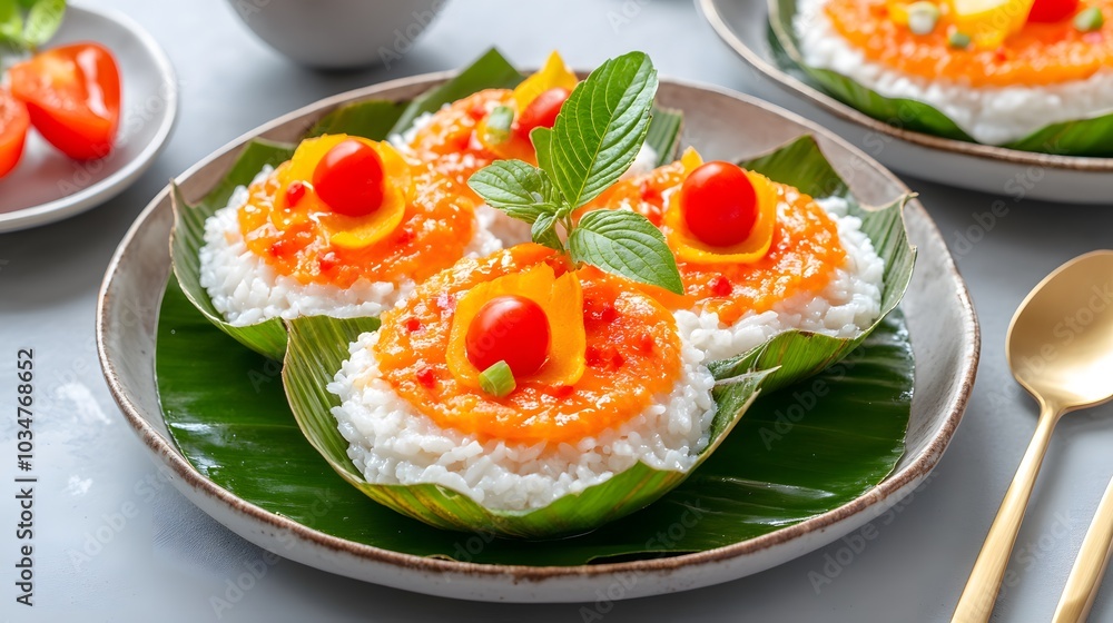 A vibrant plate of garnished mini rice cakes topped with seafood, fresh herbs, and cherry tomatoes, presented on banana leaves. A vibrant plate of garnished mini rice cakes topped with seafood, fresh herbs, and cherry tomatoes, presented on banana leaves.