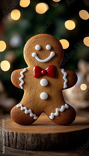 A giant gingerbread man cookie, with a white sugar icing decorations : Generative AI photo