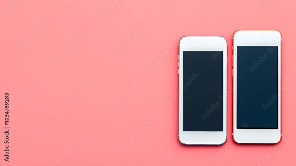 Two smartphones with blank screens lie side by side on a vibrant pink ...