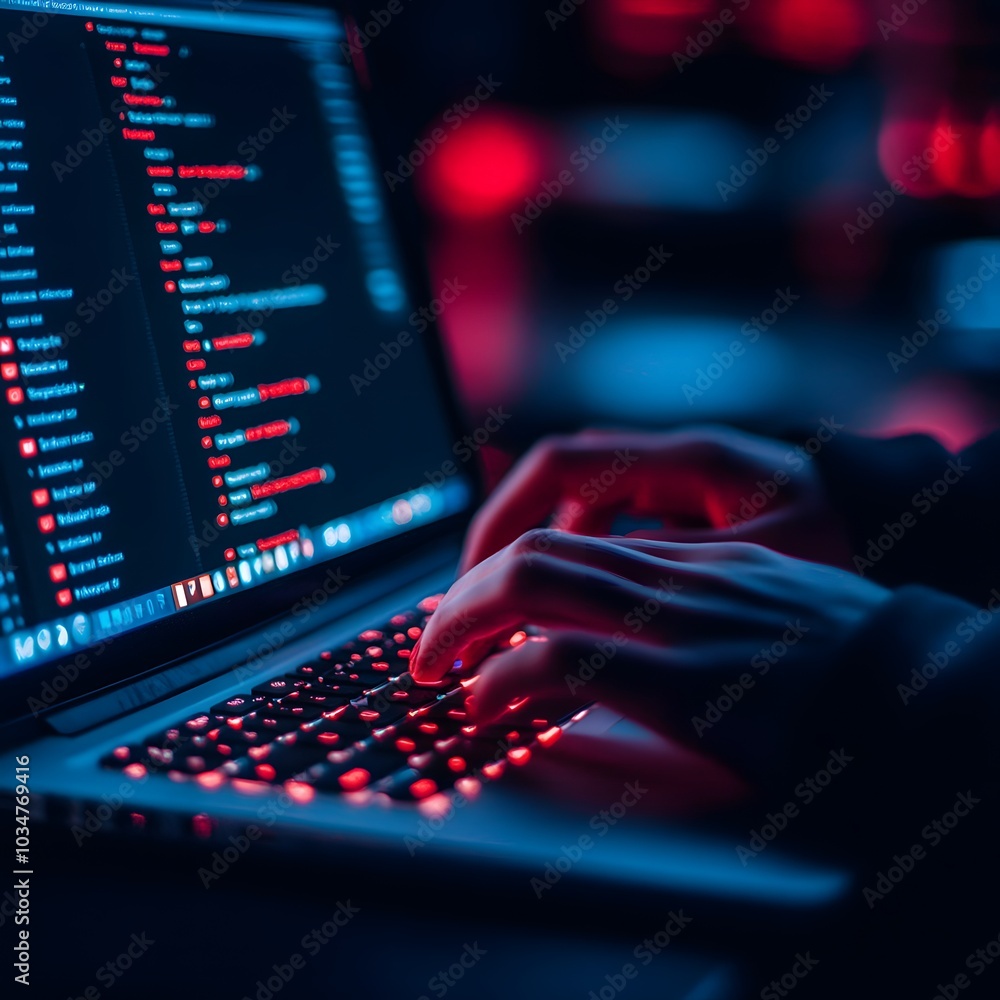 Description:** A close-up of hands typing on a laptop, with a vivid display of code and a red and blue color scheme creating a cyberpunk aesthetic. Description:** A close-up of hands typing on a laptop, with a vivid display of code and a red and blue color scheme creating a cyberpunk aesthetic.