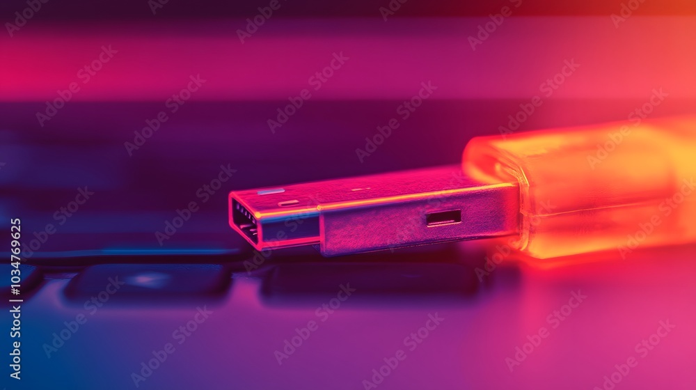 A close-up of a USB connector illuminated with vibrant colors, showcasing technology and modern design against a blurred background. A close-up of a USB connector illuminated with vibrant colors, showcasing technology and modern design against a blurred background.