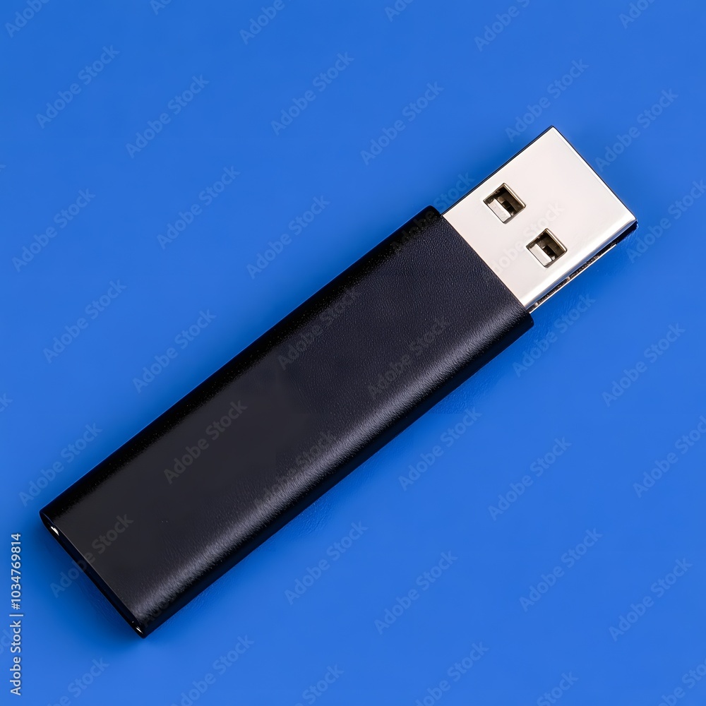 A sleek black USB flash drive on a blue background, ideal for data storage and transfer. A sleek black USB flash drive on a blue background, ideal for data storage and transfer.