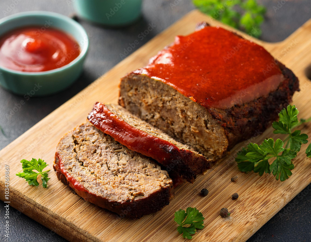 meatloaf with red sauce on a wooden cutting board meatloaf with red sauce on a wooden cutting board