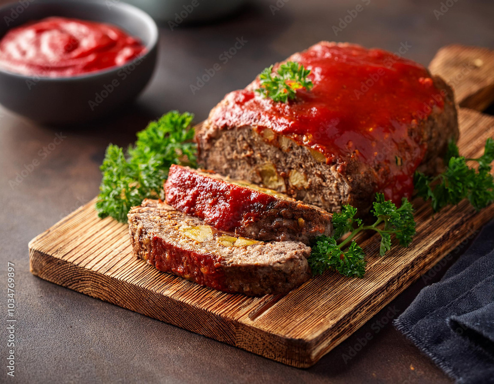 meatloaf with red sauce on a wooden cutting board meatloaf with red sauce on a wooden cutting board