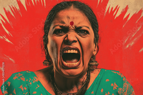 Cinematic poster of an old Indian woman screaming and getting angry