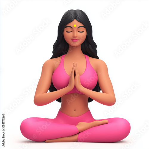 3D icon of an Indian woman doing namaste wearing pink sportswear