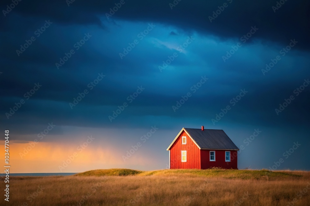 Minimalist Red House on the Horizon in Low Light Minimalist Red House on the Horizon in Low Light