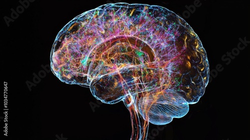 A 3D holographic scan of the human brain showing the effects of aging, with neural pathways and brain activity highlighted