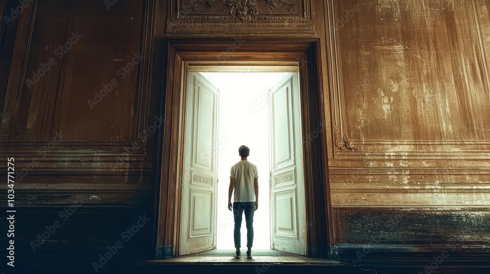 A figure stands in a doorway, gazing into bright light, surrounded by weathered walls that create a sense of mystery and introspection. A figure stands in a doorway, gazing into bright light, surrounded by weathered walls that create a sense of mystery and introspection.