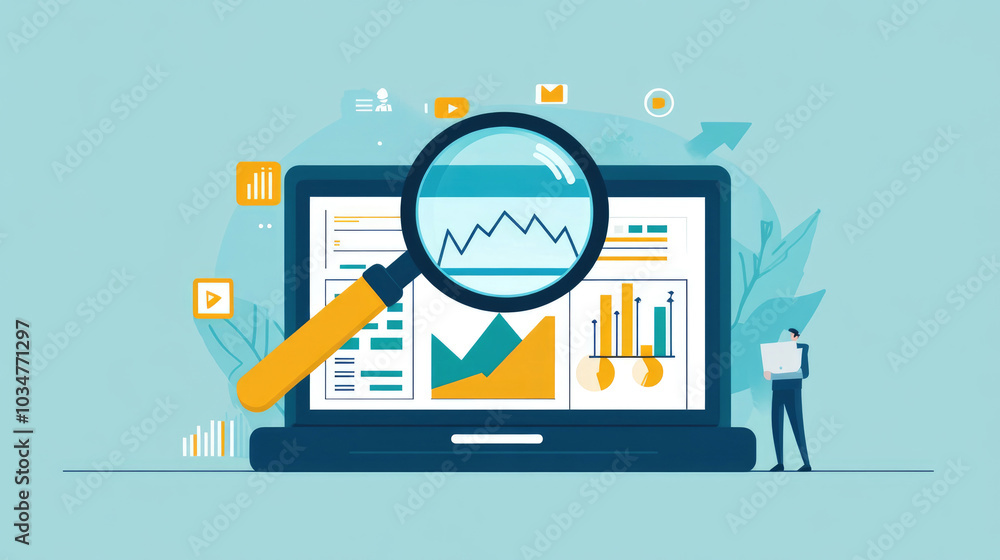 Magnifying glass searches for data and illustrations on the computer Magnifying glass searches for data and illustrations on the computer