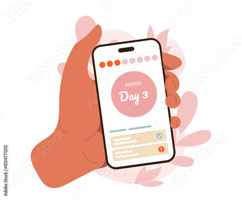 Tracking menstrual cycle app. Hand with smartphone with calendar. Menstrual period. Healthcare and medicine. Applications for women. Flat vector illustration isolated on white background