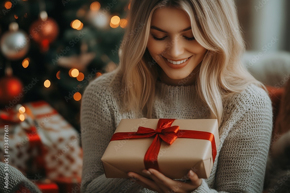 Blonde woman opening a Christmas present box in the living room : Generative AI Blonde woman opening a Christmas present box in the living room : Generative AI