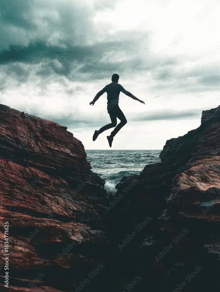 A person leaps across a rocky gap toward the ocean under a dramatic sky, capturing a moment of thrill and adventure. A person leaps across a rocky gap toward the ocean under a dramatic sky, capturing a moment of thrill and adventure.
