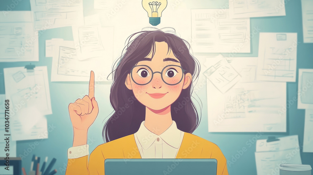 Illustration of a woman at a desk, brainstorming with colorful lightbulbs symbolizing creativity and innovative ideas.
