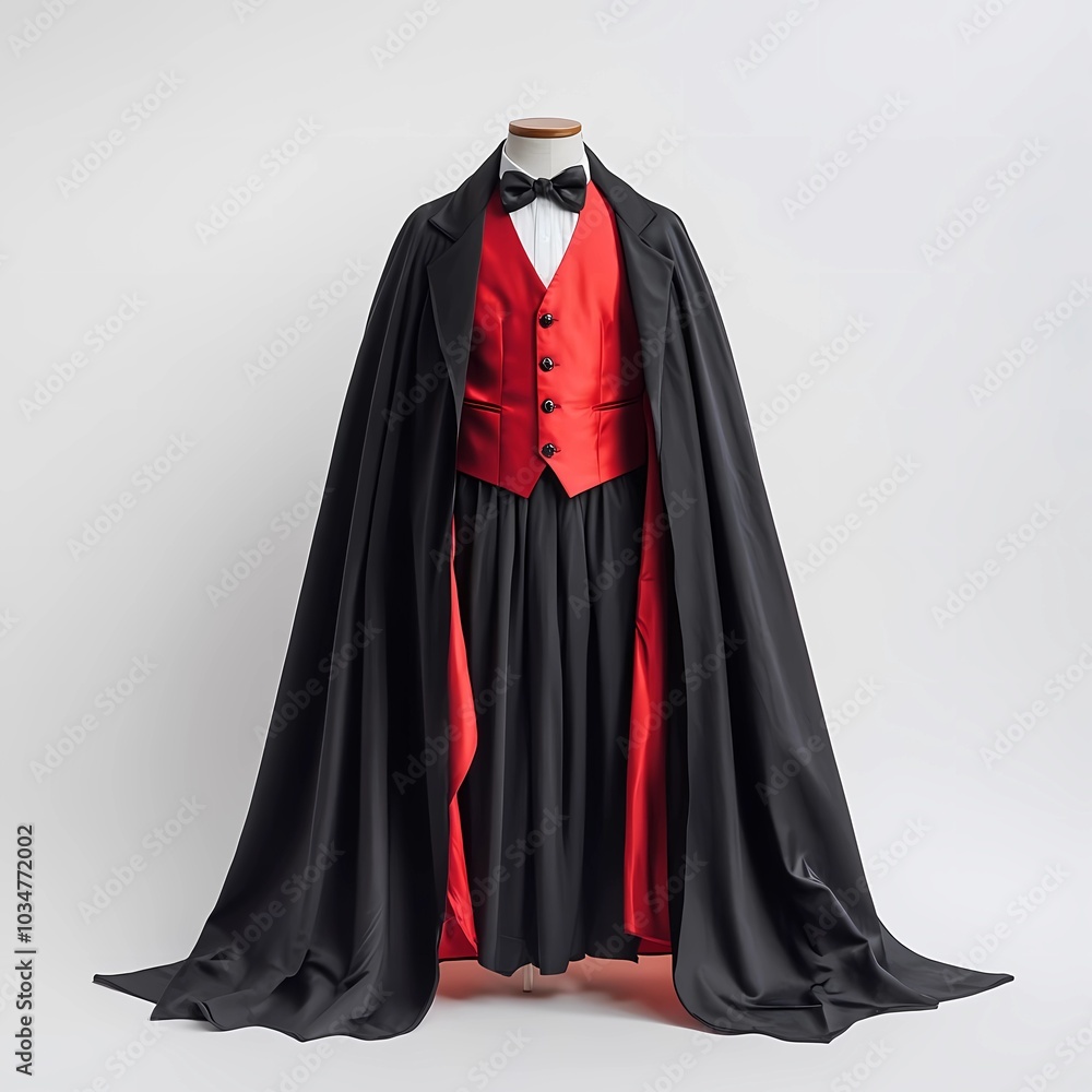 A spooky boys' vampire costume complete with a flowing cape and a red vest, placed on a crisp white background, showcasing the classic and stylish Halloween design A spooky boys' vampire costume complete with a flowing cape and a red vest, placed on a crisp white background, showcasing the classic and stylish Halloween design