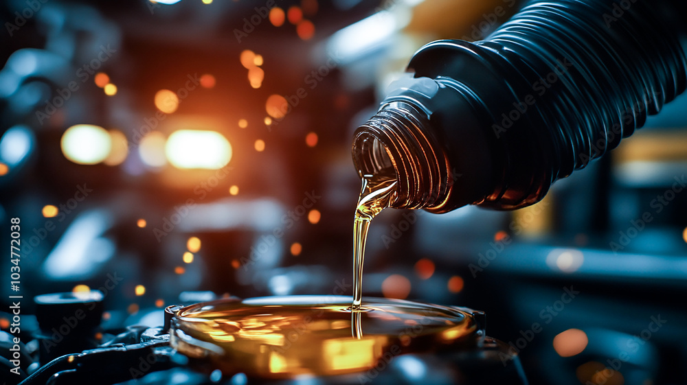 Motor Oil Pouring from Black Bottle in Auto Repair Shop - Car Lubricant Service and Engine Maintenance Motor Oil Pouring from Black Bottle in Auto Repair Shop - Car Lubricant Service and Engine Maintenance