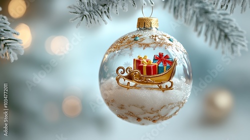 a glass ornament with a miniature sleigh and presents insid : Generative AI photo