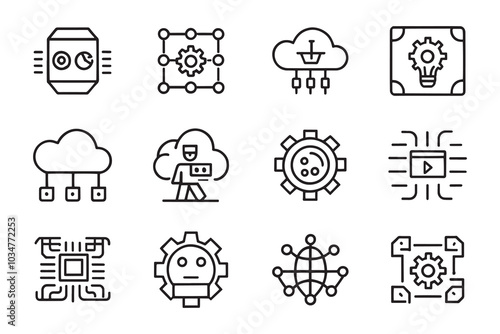 Machine learning, digital AI technology, algorithm, smart robotic and cloud computing related editable icon set isolated flat vector illustration white background