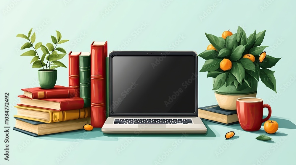 Fototapeta premium modern e learning setup with laptop books and cup of coffee symbolizing online education and distant learning