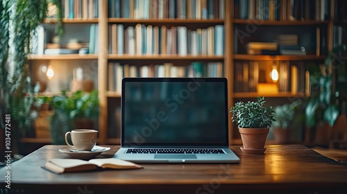 Wallpaper Mural modern e learning setup with laptop books and cup of coffee symbolizing online education and distant learning.image Torontodigital.ca