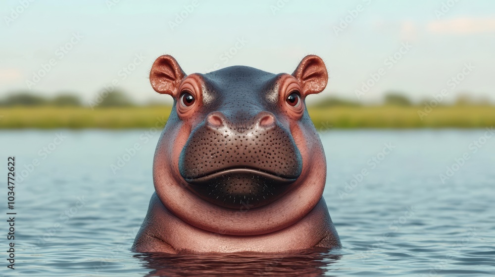 Fototapeta premium Snarky baby hippo, chubby animal in wild habitat, 3D illustration