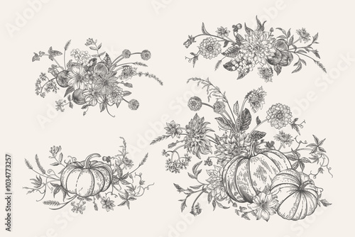 Set with bouquets of pumpkins, flowers. Black and white
