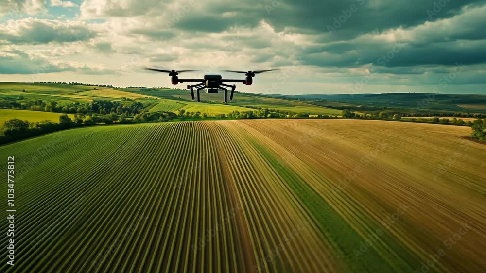 A drone flies over a field of crops on a cloudy day