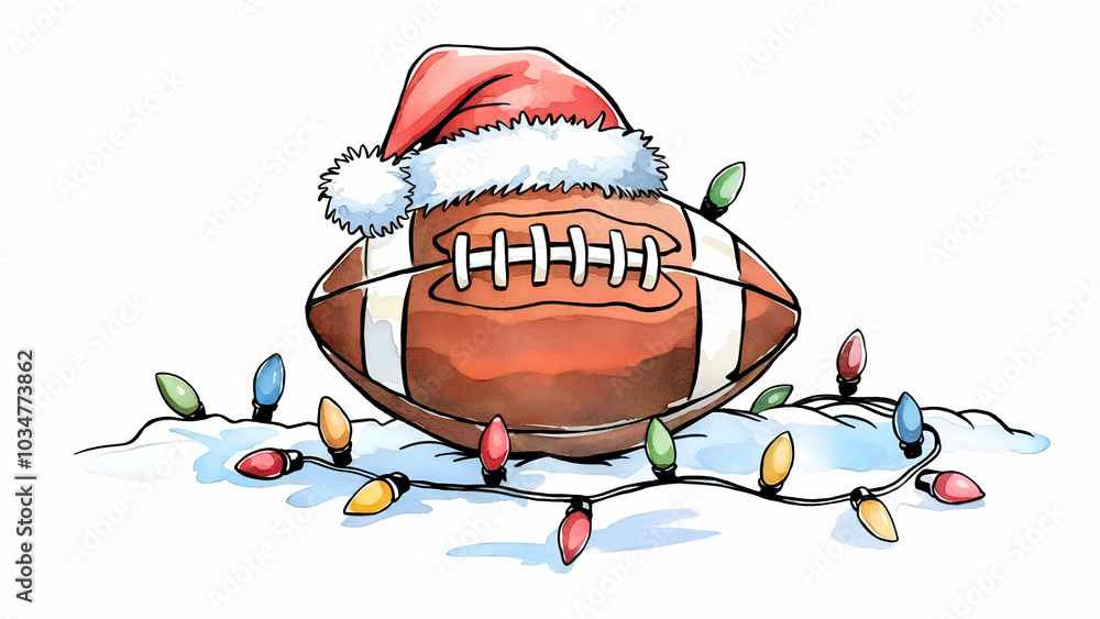 A watercolor illustration of a simple American football wearing a Santa hat A watercolor illustration of a simple American football wearing a Santa hat