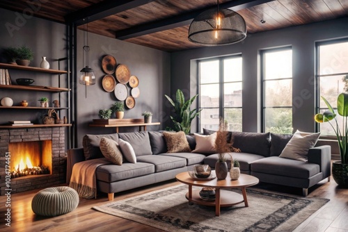 Cozy living room with a warm fireplace and natural decor in a rustic setting during autumn afternoon