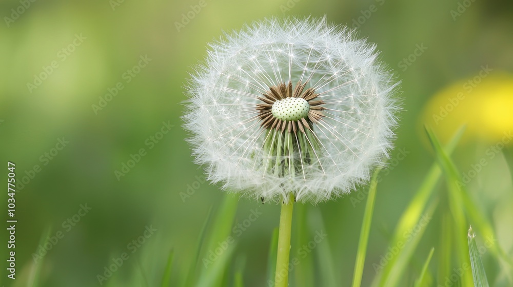 Fototapeta premium A dandelion in the process of turning into a puffball, with some seeds already starting to disperse
