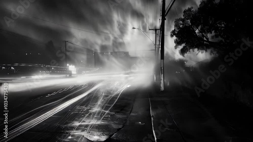 A rainy night drive through a city street with blurred lights and mysterious fog creating an atmospheric effect