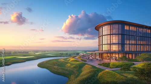 Modern architectural building by the river at sunset.