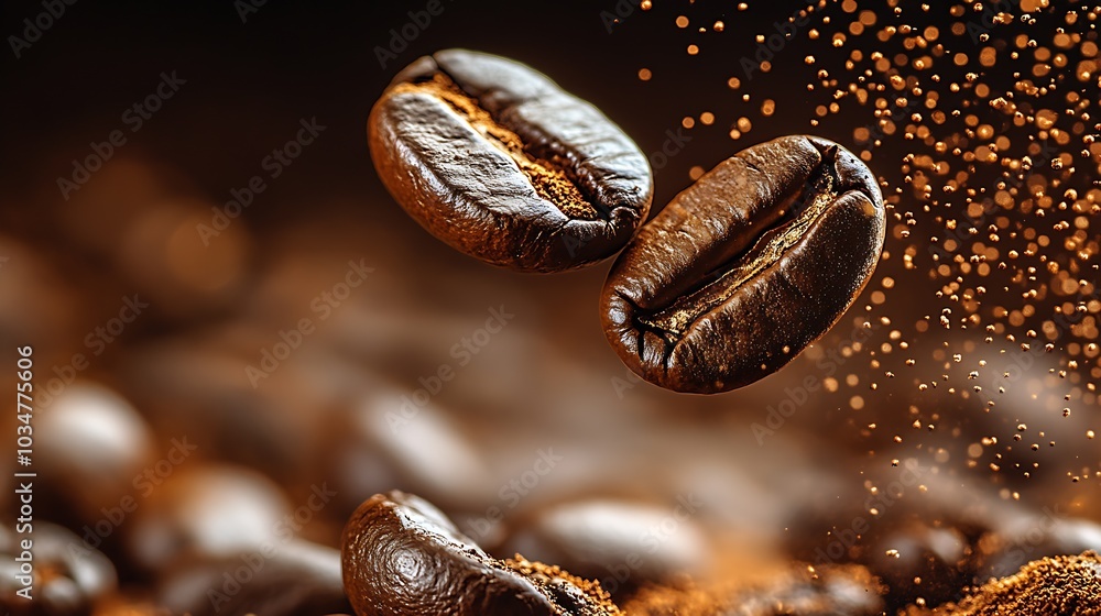 Flying coffee beans on dark brown background with copy space. Close up : Generative AI Flying coffee beans on dark brown background with copy space. Close up : Generative AI