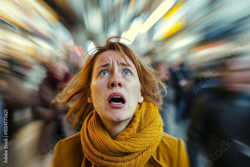 Woman in a yellow scarf expresses fear in a busy urban street filled with blurred pedestrians during the day