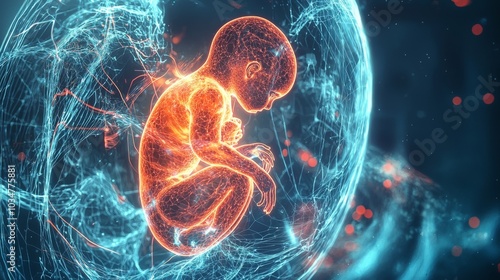 A 3D holoscan of a human fetus developing, with glowing projections of organ formation and heartbeatn photo