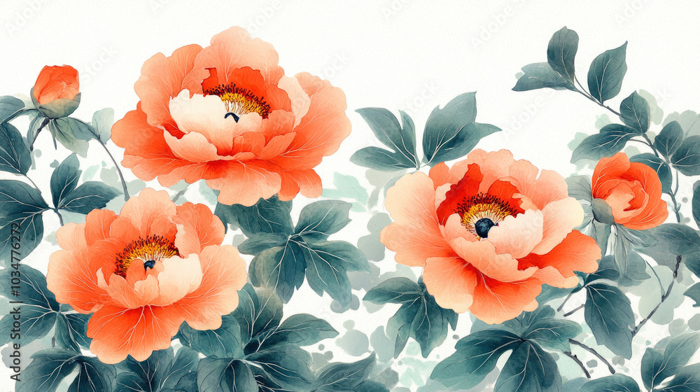 Red peonies are in full bloom, with white background Chinese paintings. Red peonies are in full bloom, with white background Chinese paintings.