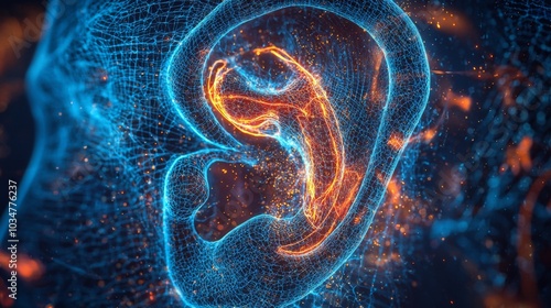 A holoscan of the human ear, with the inner ear's cochlea and auditory nerves highlighted in glowing detail