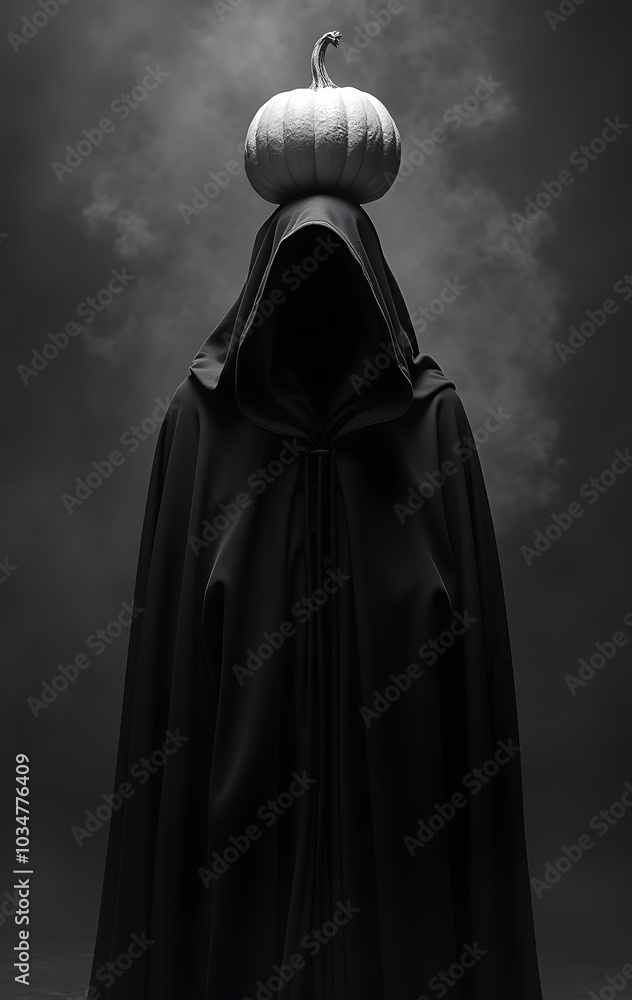 Mysterious Figure in a Black Cloak with a Pumpkin Mysterious Figure in a Black Cloak with a Pumpkin