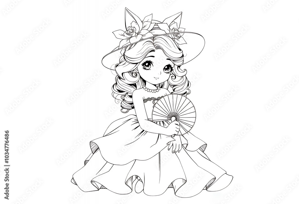 Cute Anime Girl in Dress Holding Fan Coloring Page Illustration Cute Anime Girl in Dress Holding Fan Coloring Page Illustration