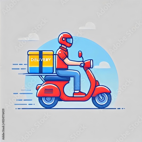 A modern illustration of a delivery rider on a red scooter, racing to deliver a package. This image captures the speed and efficiency of delivery services, with clean lines and bright colors