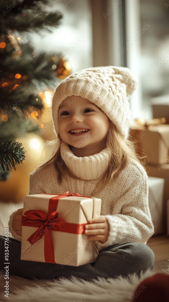 A child wearing a hat joyfully receives a gift : Generative AI A child wearing a hat joyfully receives a gift : Generative AI