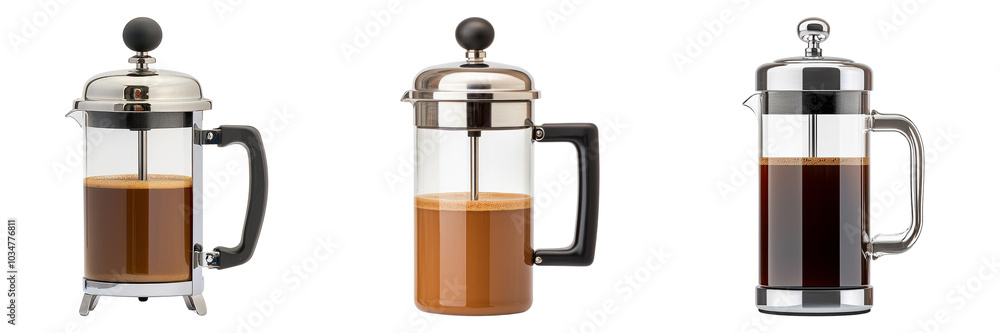 Elegant French Press Coffee Makers Isolated on Transparent Background Elegant French Press Coffee Makers Isolated on Transparent Background