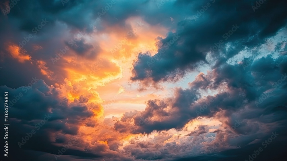 Obraz premium A dramatic sunset with dark clouds and vivid colors, creating a striking contrast in the sky