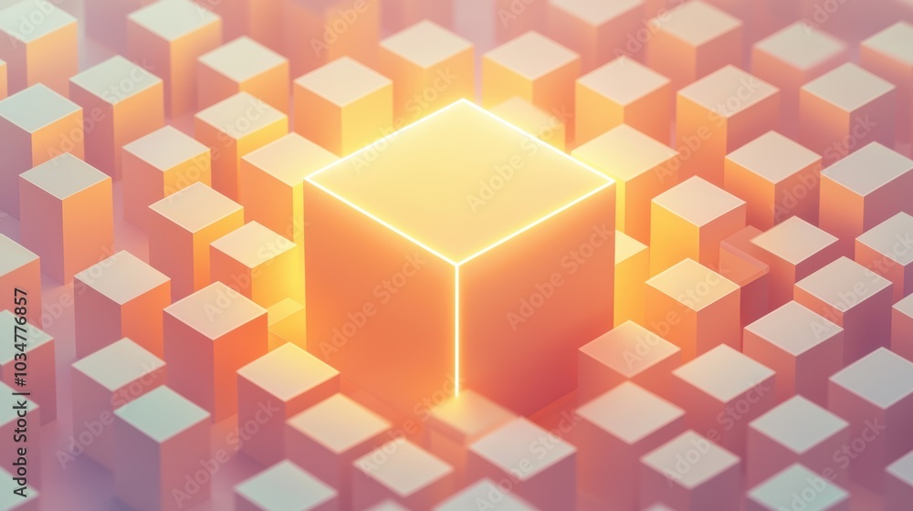Abstract glowing cube in a sea of geometric shapes, digital art. Abstract glowing cube in a sea of geometric shapes, digital art.